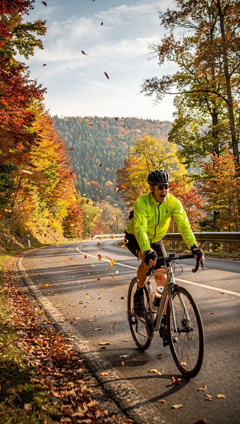 A panoramic view of golden and red trees against a clear blue sky.