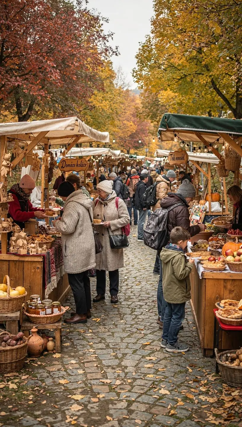 Tourists enjoying a picturesque hiking trail surrounded by fall colors.