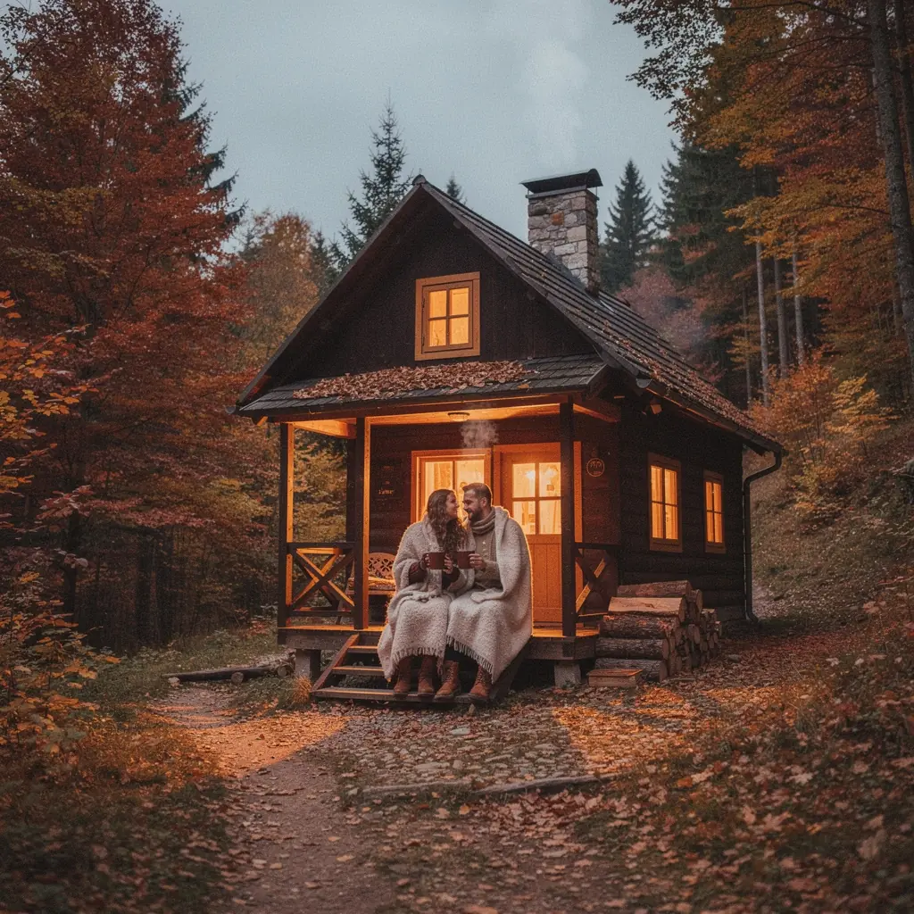 A cozy cabin surrounded by trees dressed in brilliant fall colors, inviting travelers to explore.